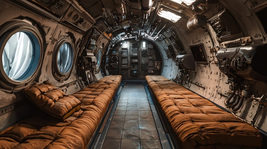 Wide Corridor Inside Refurbished Military Cargo Spaceship for Deliveries