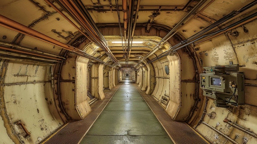 Refurbished Military Cargo Spaceship Corridor with Brutalist Design