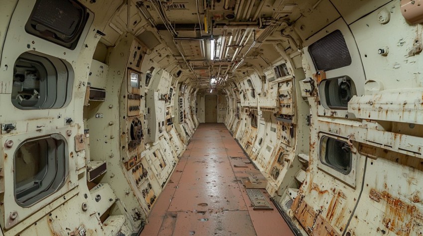 Wide Corridor Inside Refurbished Military Cargo Spaceship for Civilian Use