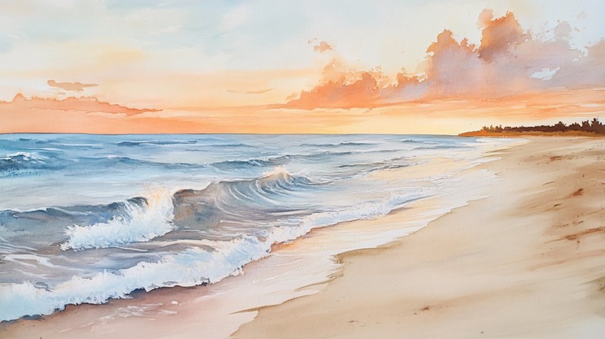 Quiet Sunset Beach with Gentle Waves in Watercolor