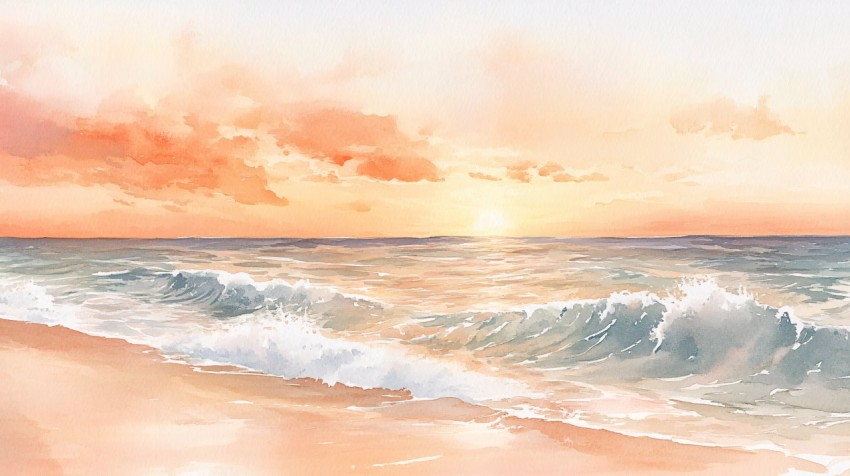 Sunset Beach with Gentle Waves in Watercolor Style