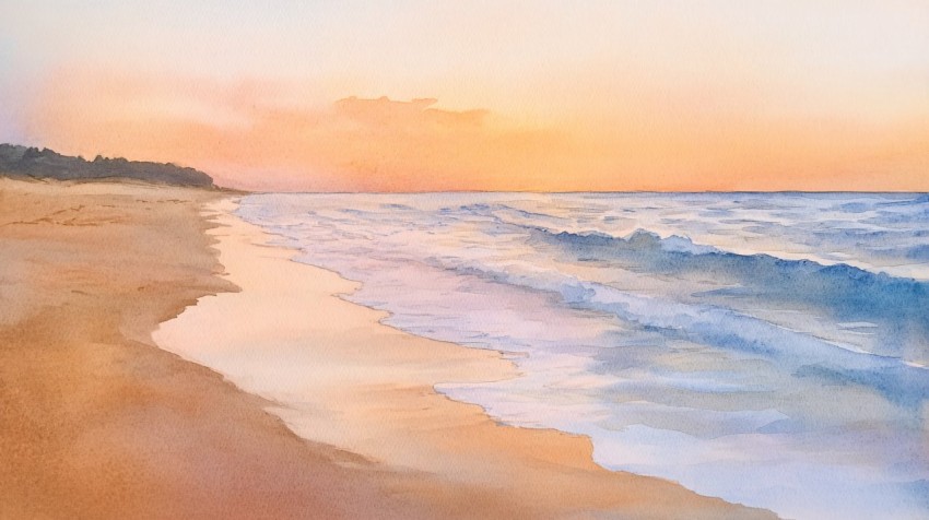 Quiet Sunset Beach with Gentle Waves Watercolor