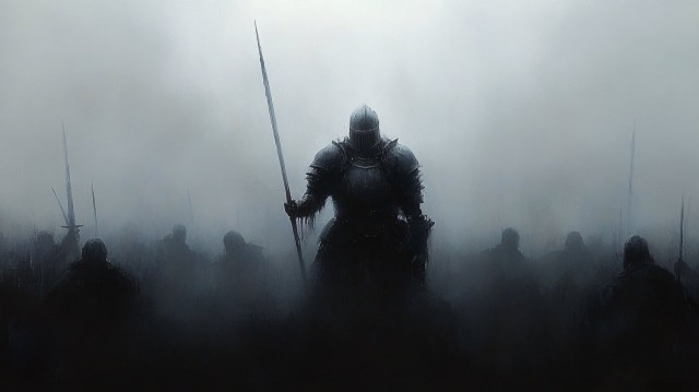 Medieval Armored Cavalry Leading Charge on Battlefield