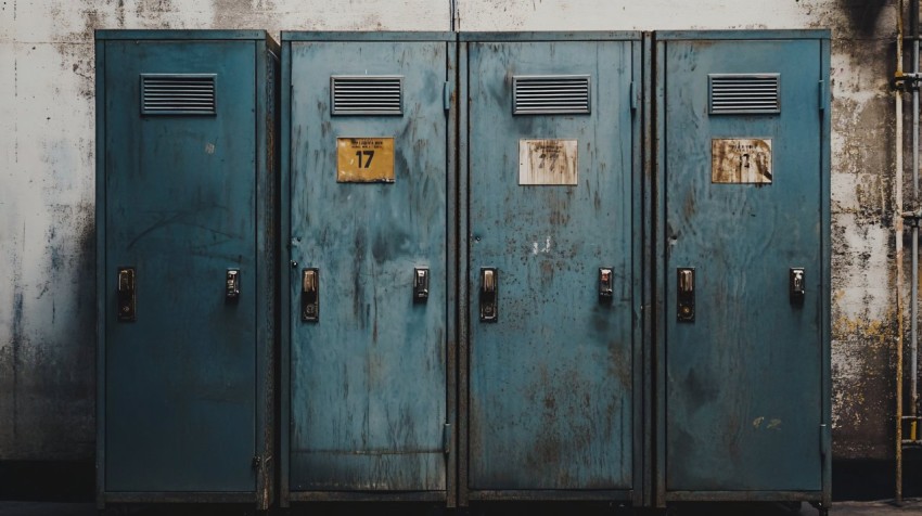 Industrial Locker Room with Four Metal Lockers