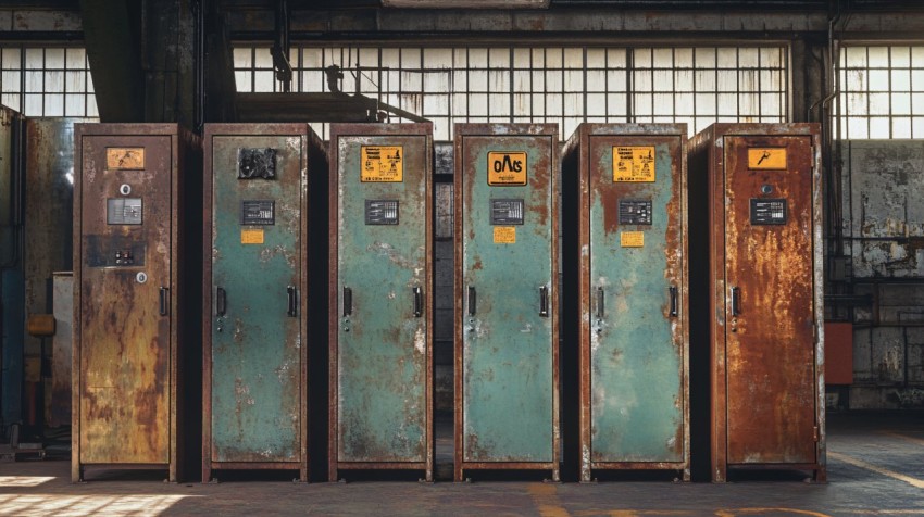 Four Industrial Lockers in a Cinematic Ambience