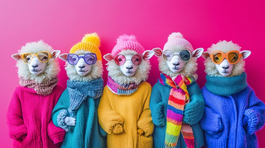 Colorful Sheep in Winter Clothing Against Pink Background