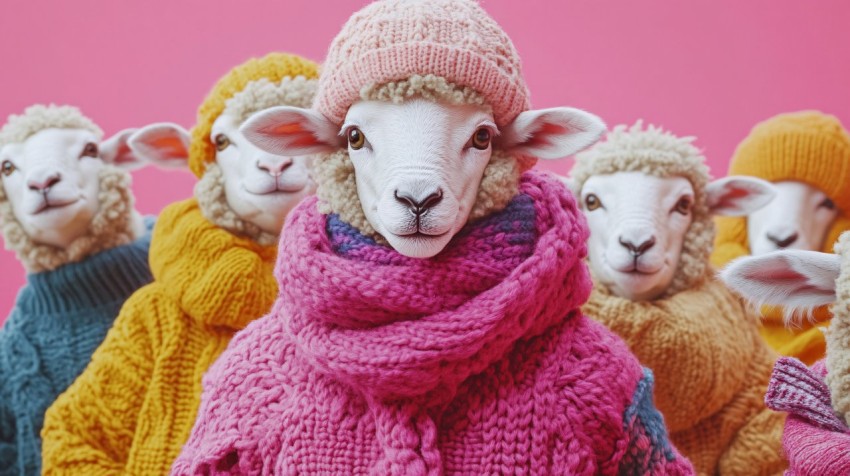 Colorful Sheep in Winter Clothing Against Pink Background