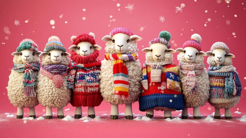 Group of Sheep in Colorful Winter Clothes on Pink Background