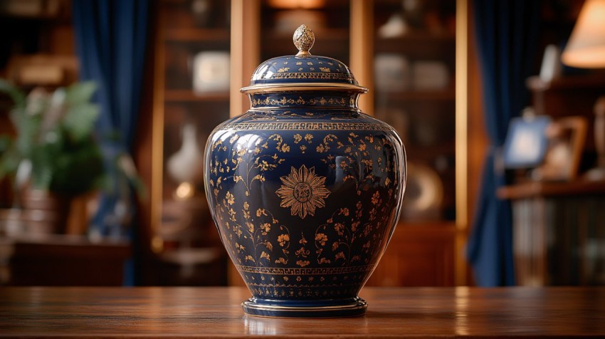 Elegant Blue and Gold Urn on Wooden Surface