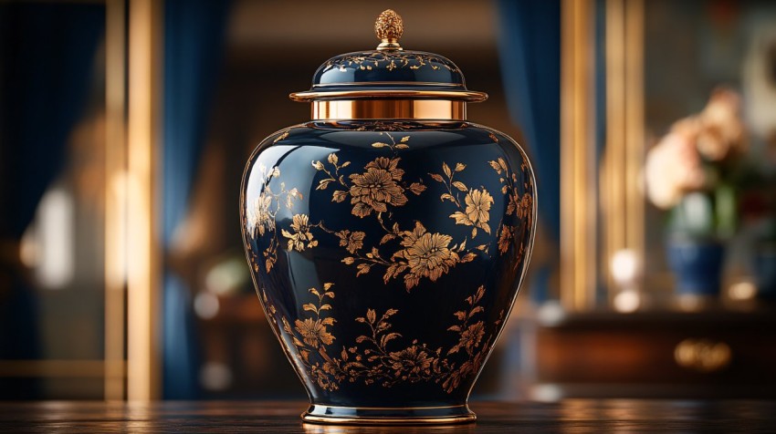 Elegant Dark Blue and Gold Ornate Ceremonial Urn