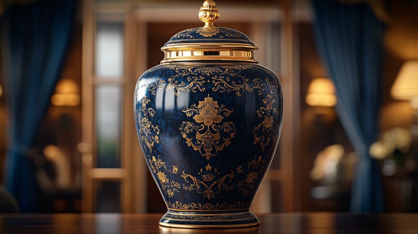 Elegant Dark Blue and Gold Ceremonial Urn Display