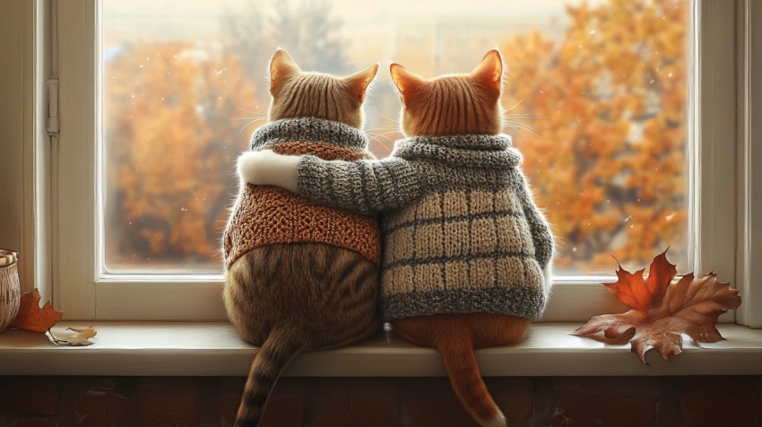 Pair of Cats in Sweaters Sitting on Windowsill