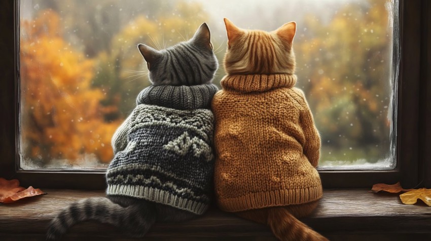 Two Cats in Sweaters Cuddling on Windowsill in Fall