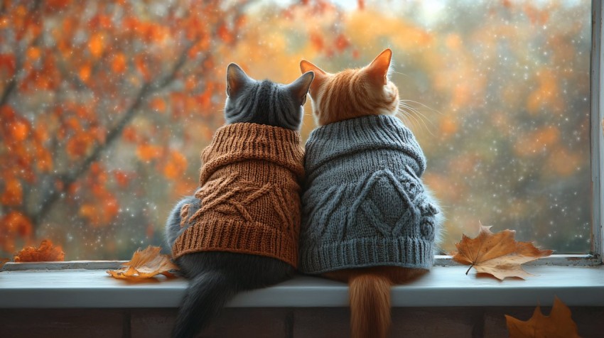 Two Cats in Knitted Sweaters Cuddling on Windowsill