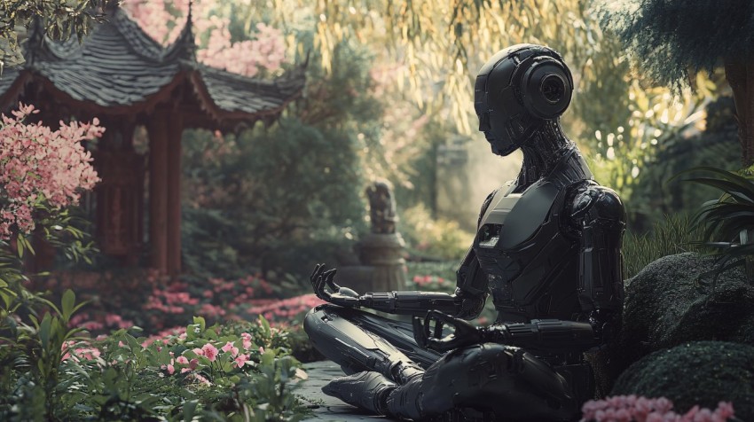 Futuristic Robot Meditating in Temple Garden Cinematic Photo