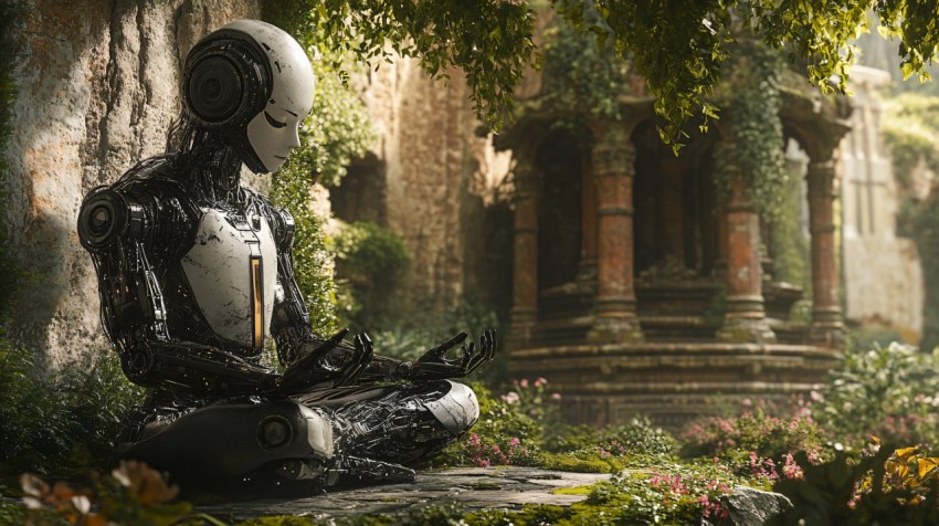 Futuristic Robot Meditating in a Temple Garden