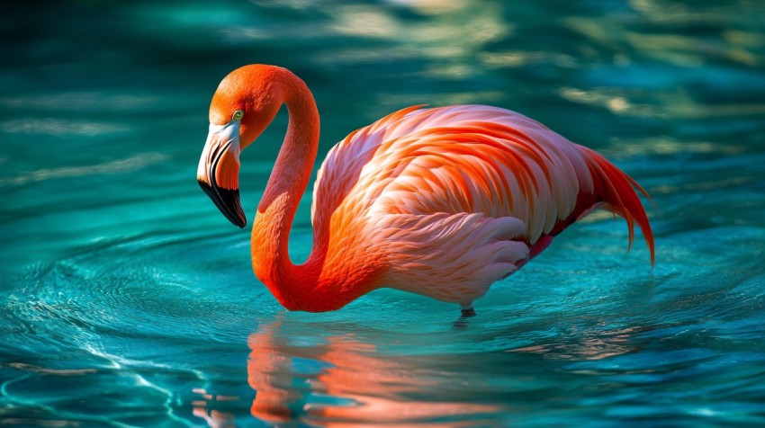 Flamingo Wading in Turquoise Waters of the Bahamas