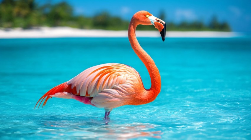 Flamingo in Turquoise Water on Bahamian Beach