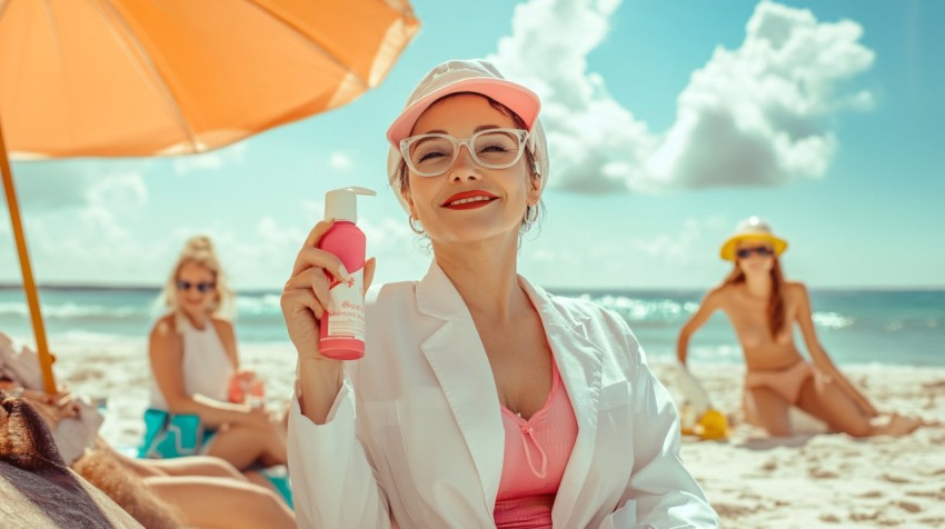 Argentinian Woman in Doctor Suit on Beach with Sunscreen