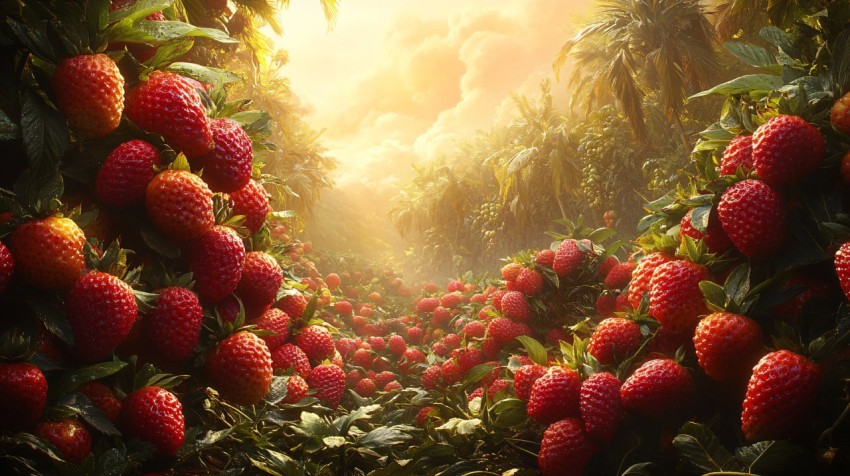 Tropical Paradise Landscape with Huge Fruits and Lush Foliage