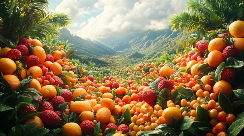 Vivid Tropical Paradise Landscape with Huge Fruits and Foliage