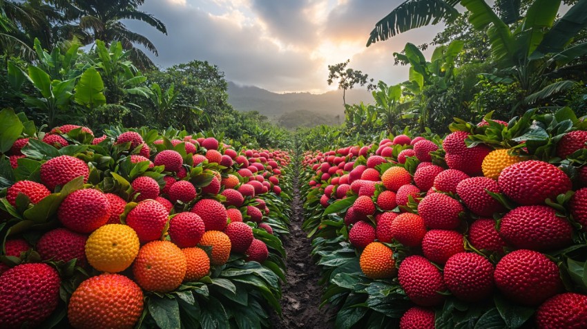 Vivid Tropical Paradise with Huge Fruits and Lush Landscape