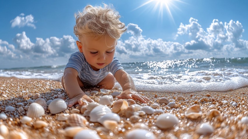 Boy Collecting Seashells on Beach