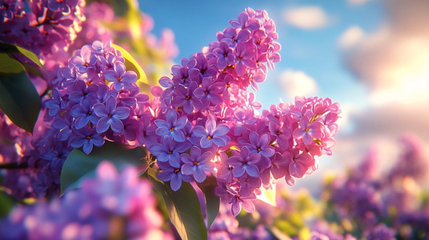 Lilac Tree with Purple Flowers under Sunlit Sky