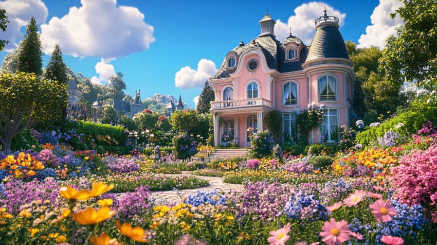 Garden of Pink Mansion in Bloom Under Summer Sky