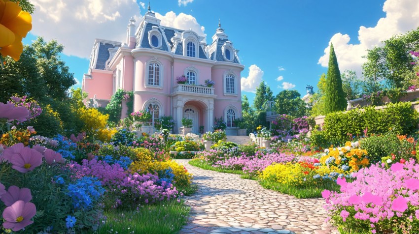 Pink Mansion Garden in Summer Bloom Under Blue Sky