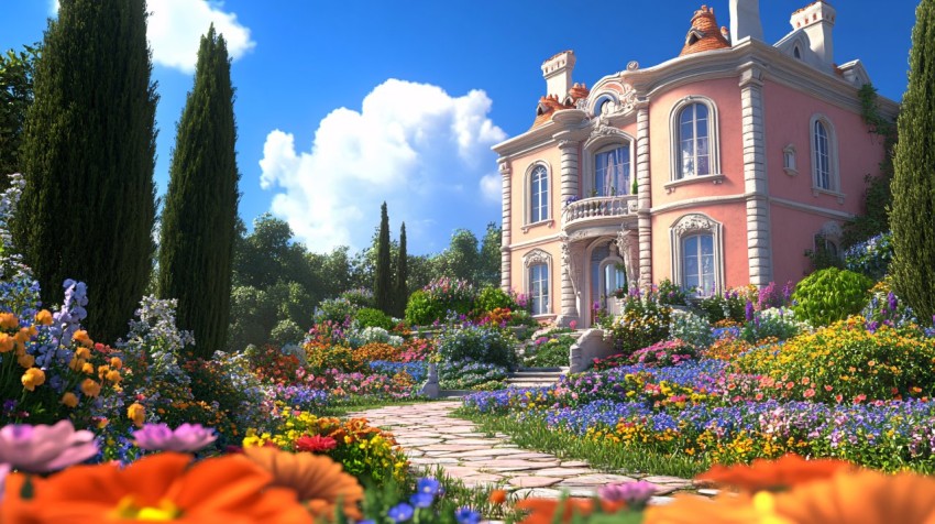 Pale Pink Mansion Garden in Bloom Under Sunny Sky