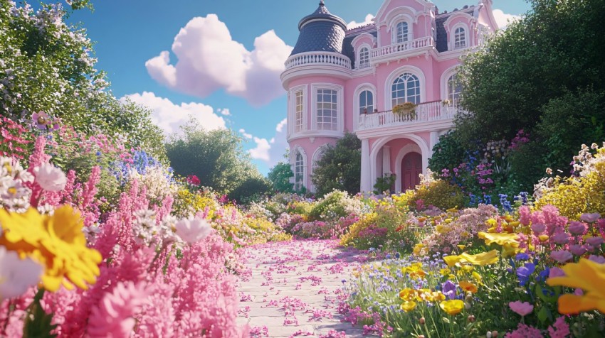 Sunny Garden of Pink Mansion with Blooming Flowers