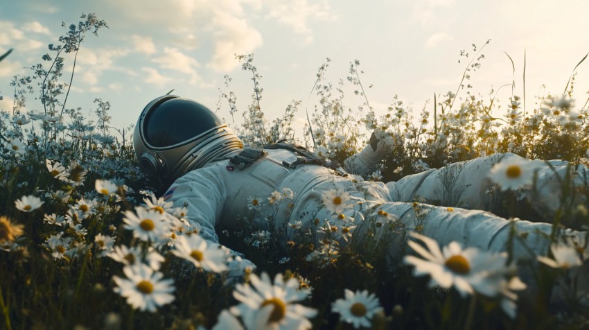 Astronaut Resting in Daisies Under a Soft Sunlit Sky