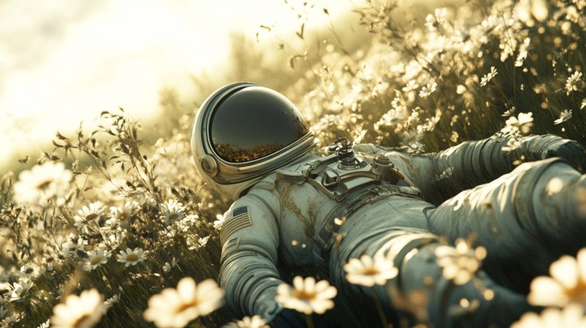 Astronaut Relaxing in a Field of Daisies Under Sunlight