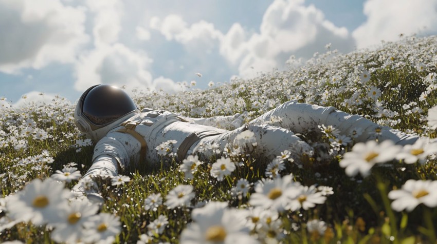 Astronaut Resting in a Field of Daisies Under Sunlight