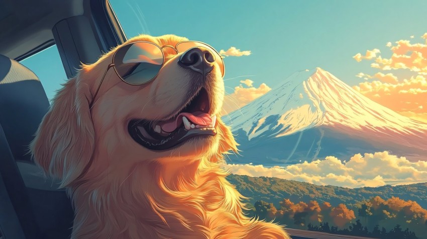 Golden Retriever in Car with Sunglasses, Mount Fuji View