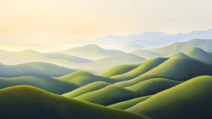 Sunlit Mountain Landscape with Rolling Green Hills and Mist