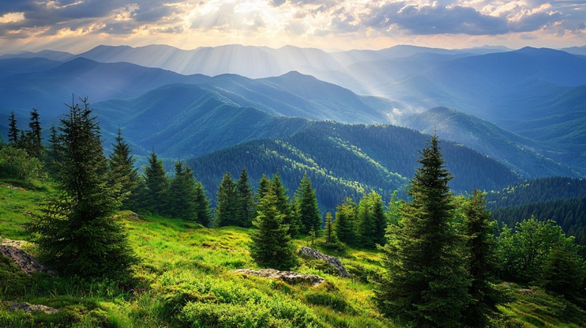 Sunlit Mountain Landscape with Misty Rolling Green Hills