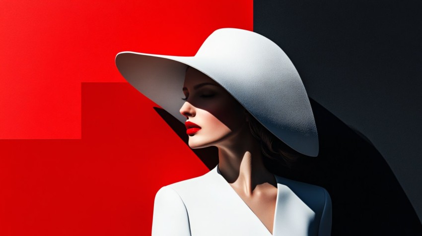 Fashion Woman in White Hat Against Red and Black