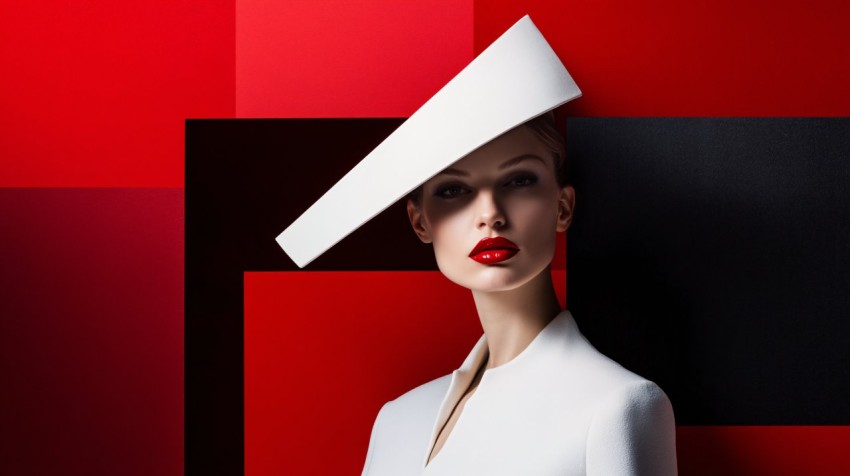 Minimalist Fashion Woman in White Hat with Red Background