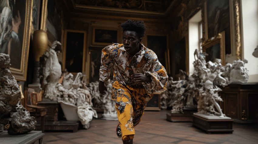 Man Running in Schiaparelli-Inspired Interior