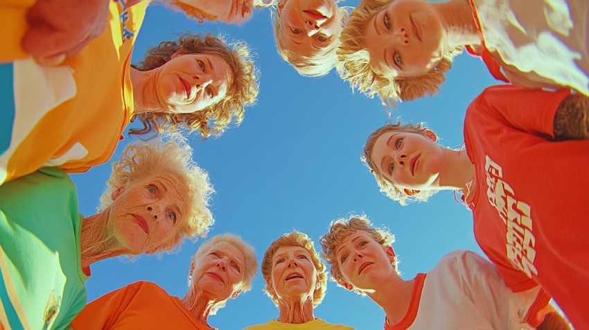 Elderly Women Soccer Team Gathering Under Blue Sky