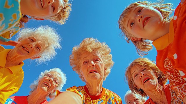 Elderly Women Soccer Team in Circle, Looking Up