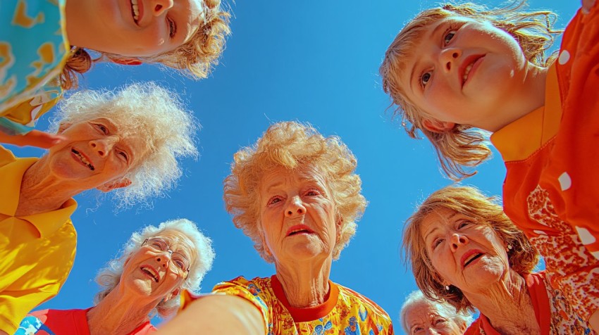 Elderly Women Soccer Team in Circle, Looking Up