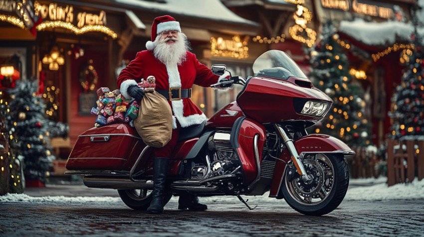 Santa Posing with Red Honda Goldwing Motorcycle and Sack