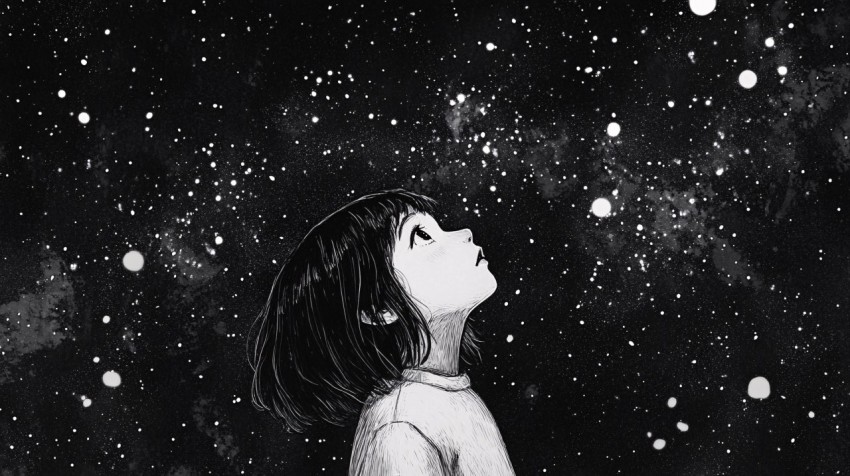 Little Girl Looking Up at Starry Milky Way Illustration