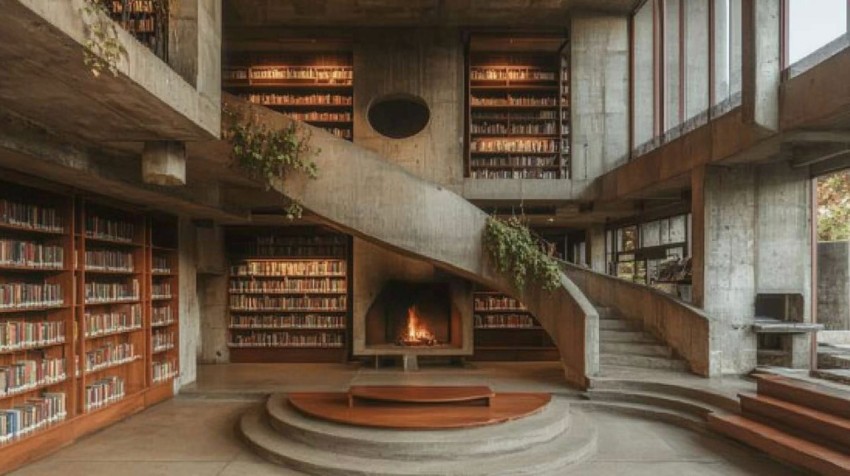 Brutalist Library Interior with Fireplace and Staircase