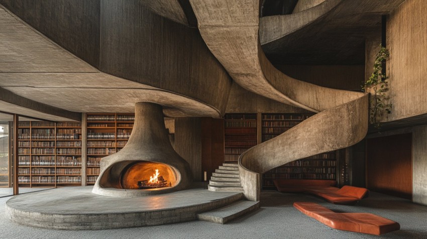 Brutalist Library Interior with Fireplace and Staircase Design