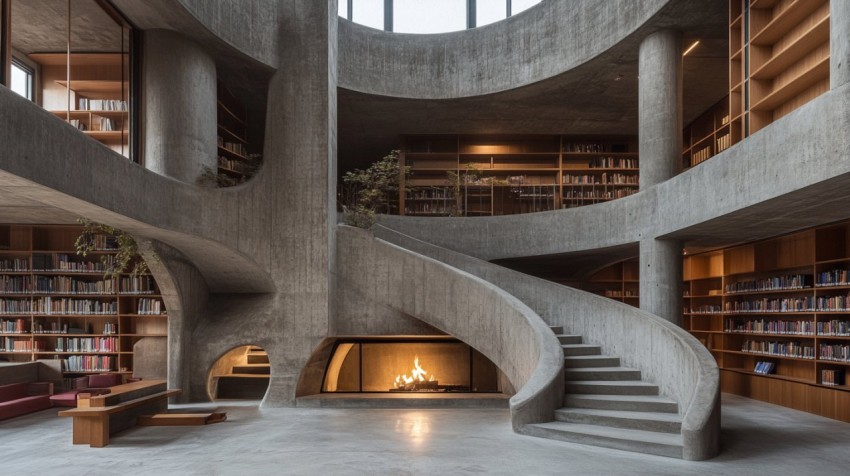 Brutalist Library Interior with Fireplace and Staircase