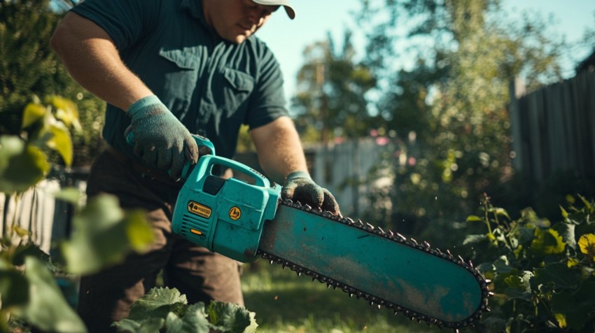 Sommelier Examining Chainsaw in a Green Backyard Scene